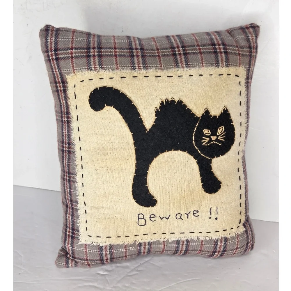 Primitive Halloween Black Cat Beware Plaid Decorative Pillow Folk Art Decor